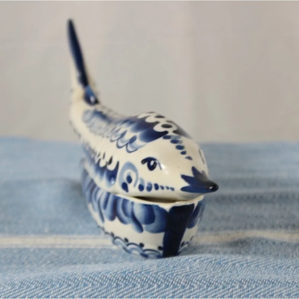 Gzhel Caviar Dish Sturgeon Fish Shape Handmade Blue/White 7